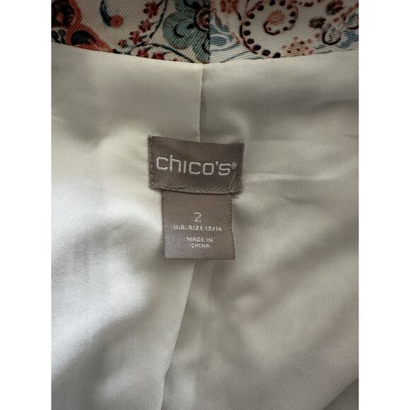 Chico's Blazer Open Front Moroccan Paisley Jacket Turquoise Peach White 2/Large - Picture 4 of 4